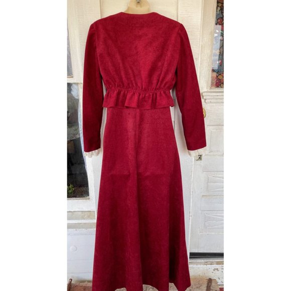 Vintage 1970s Burgundy red Maxi Dress with jacket Faux suede look - Picture 5 of 11
